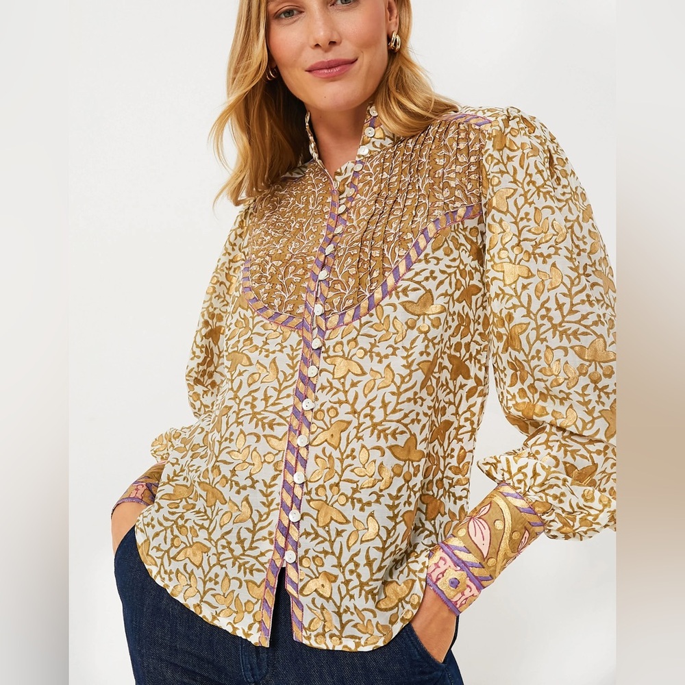 Oliphant Olive Marchesa High Neck Button Blouse